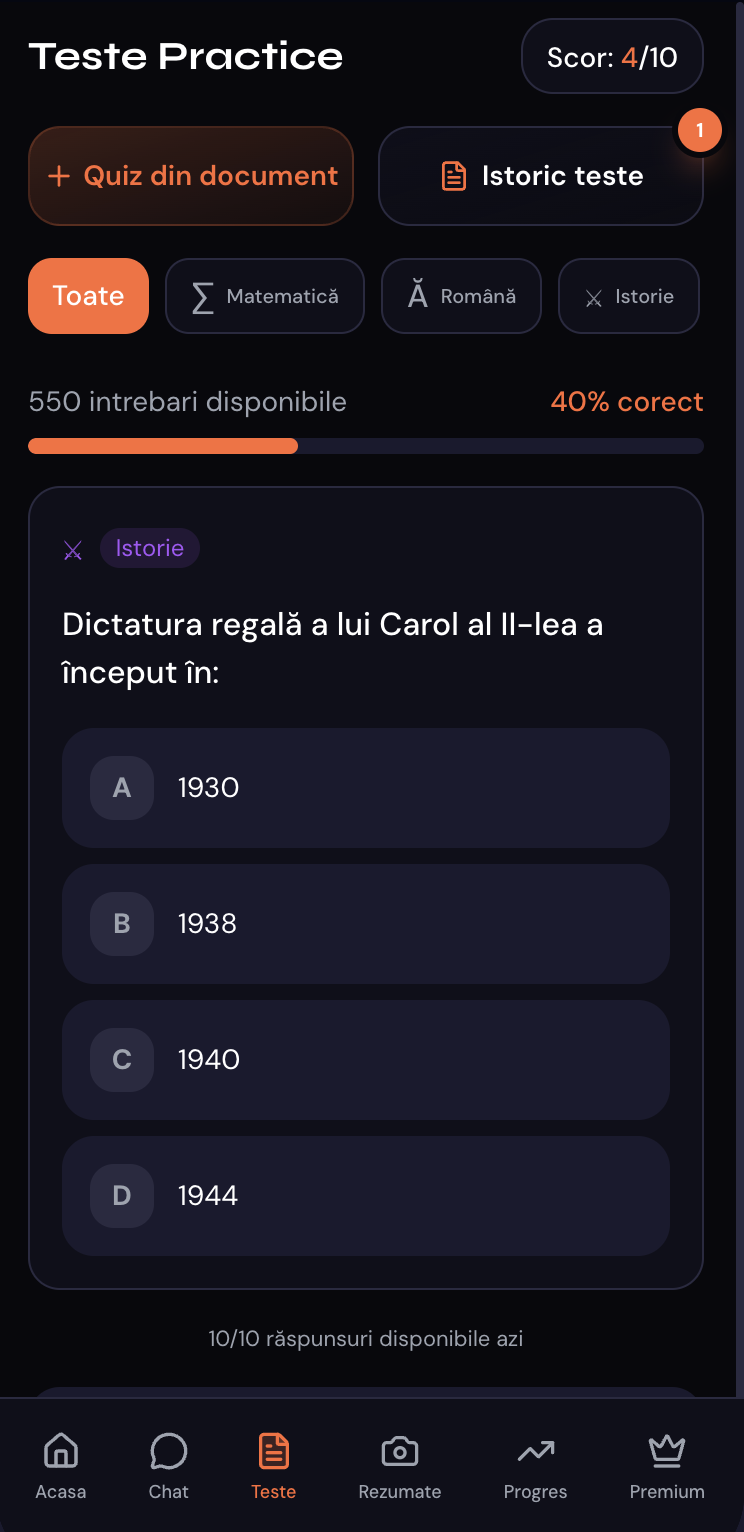 Test din aplicația BACsmart pe un telefon: o întrebare cu patru variante de răspuns