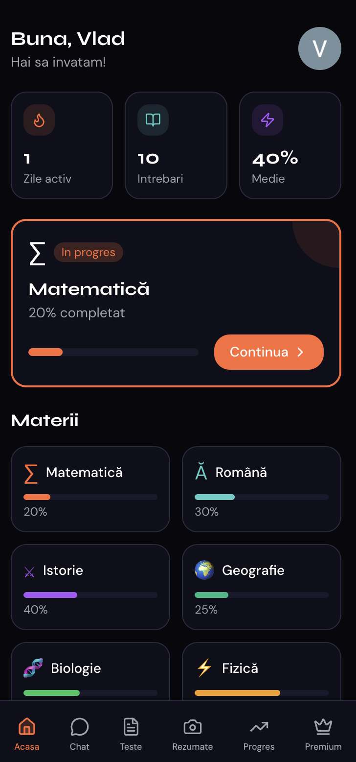 Ecranul cu materiile din aplicația BACsmart